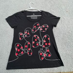 Disney Minnie Mouse Shirt Womens Large Black Polka Dot Bow Graphic Tee Cotton